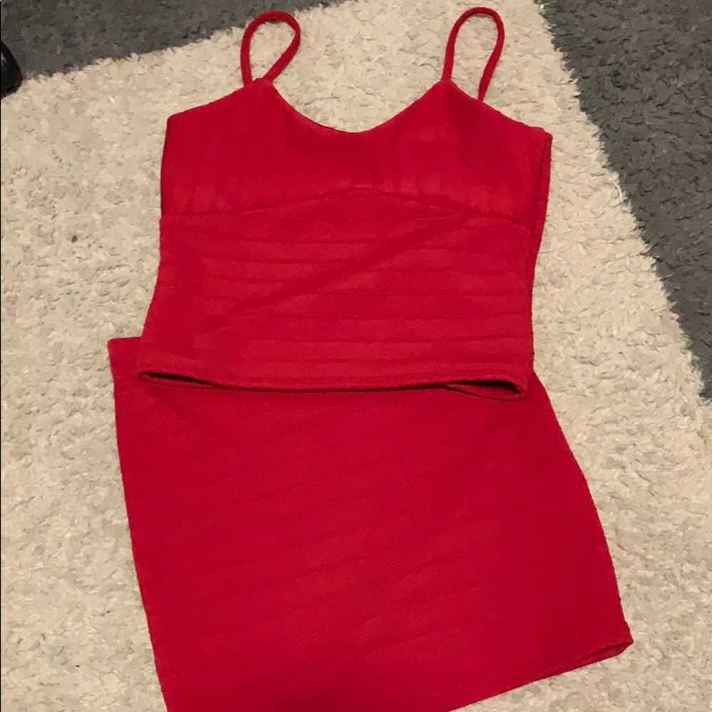 Red skirt and top.